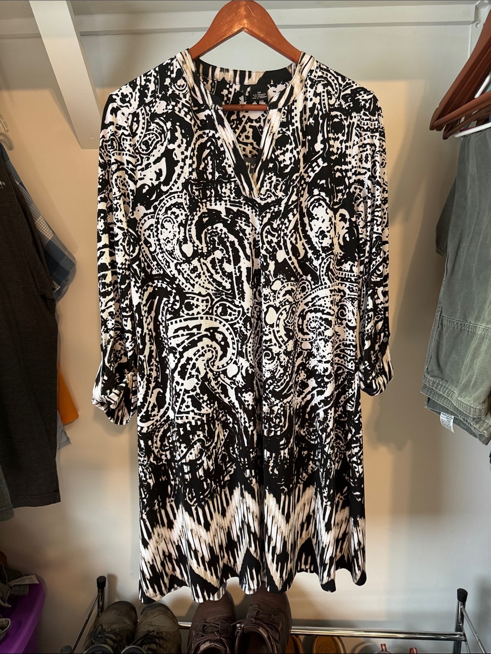 New Directions Black & White Paisley Print Women’s Tunic 3/4 sleeve Dress